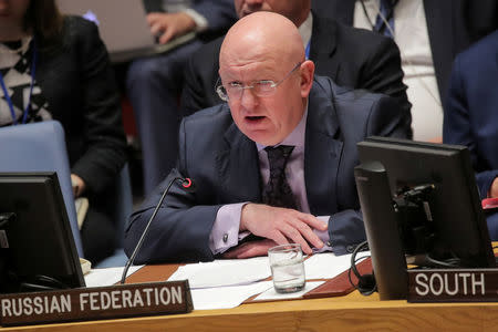 Vassily Nebenzia, Russian Ambassador to the United Nations, addresses the United Nations Security Council at U.N. headquarters in New York, U.S, April 10, 2019. REUTERS/Brendan McDermid