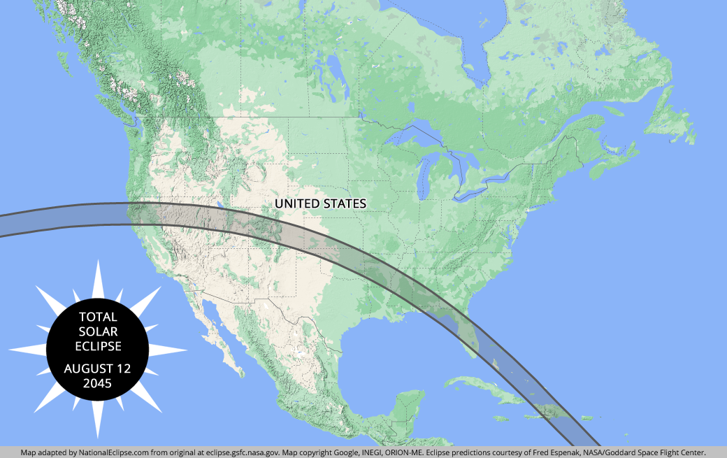 A total solar eclipse will cross the entire U.S., including almost all of Florida, on Aug. 12, 2045. Graphic provided by NationalEclipse.com