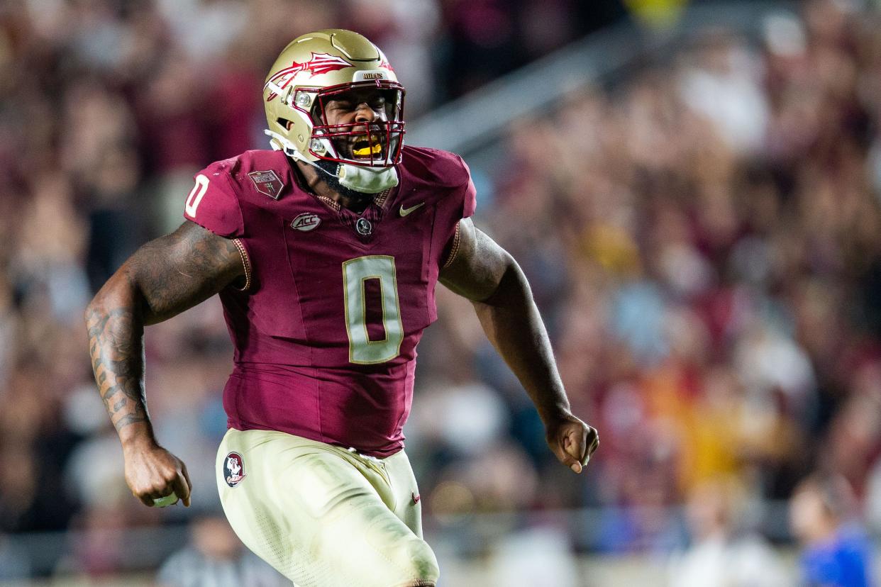 Florida State Seminoles defensive lineman Fabien Lovett (0) celebrates a stop. The Florida State Seminoles defeated the Duke Blue Devils 38-20 on Saturday, Oct. 21, 2023.