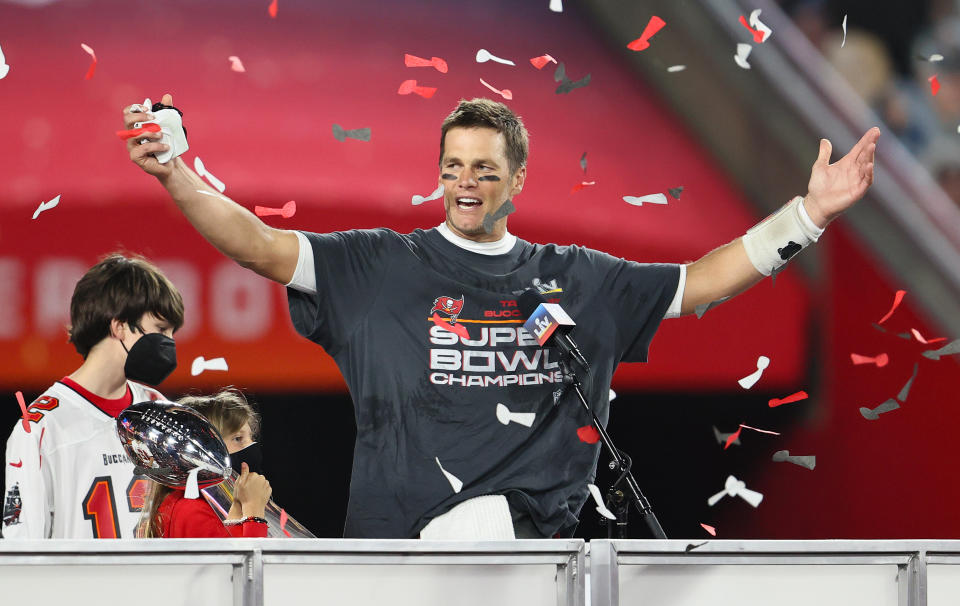 Feb 7, 2021; Tampa, FL, USA; Tampa Bay Buccaneers quarterback Tom Brady (12) celebrates on stage defeating the Kansas City Chiefs in Super Bowl LV at Raymond James Stadium. Mandatory Credit: Matthew Emmons-USA TODAY Sports