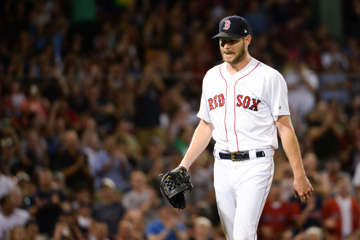 BOSTON, MA - AUGUST 8: Chris Sale #41 of the Boston Red Sox leaves the game after pitching eight shutout innings against the Los Angeles Angels of Anaheim at Fenway Park on August 8, 2019 in Boston, Massachusetts. (Photo by Kathryn Riley/Getty Images)