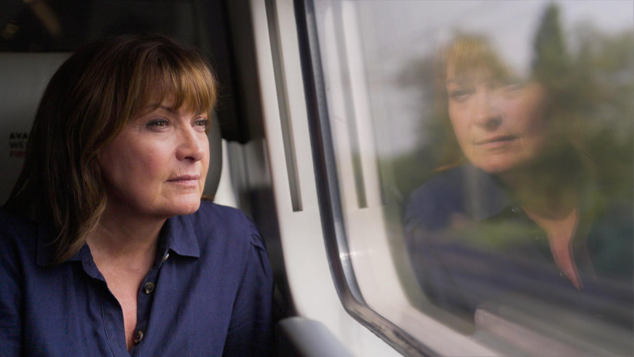 A Drumroll Films Production for ITV1

RETURN TO LOCKERBIE WITH LORRAINE KELLY
Wednesday 15th November 2023 on ITV1

Pictured: Lorraine Kelly travelling by train to Lockerbie

Lorraine Kelly returns to the small Scottish border town of Lockerbie to find out how the residents coped with the
aftermath of Europeâ€™s deadliest terror attack. Thirty-five years ago this December, Lorraine was one of the first TV reporters to arrive at the scene after Pan Am Flight 103 exploded mid-air, killing all 259 people aboard and 11 on the ground. Before the police had cordoned off the area, she saw first-hand the shocking aftermath of the disaster.
Confronting her own difficult memories, Lorraine returns to try to understand what happened to Lockerbie and its
people once the TV cameras went home - meeting with residents in a town that didnâ€™t put up Christmas lights in its centre for 10 years after the event - and hearing the moving stories of how people have attempted to heal after witnessing such traumatic scenes.

(C) Drumroll Films 

For further information please contact Peter Gray
Mob 07831460662 /  peter.gray@itv.com

This photograph is (C) *** and can only be reproduced for editorial purposes directly in connection with the programme or event mentioned herein.

Once made available by ITV plc Picture Desk, this photograph can be reproduced once only up until the transmission [TX] date and no reproduction fee will be charged.

Any subsequent usage may incur a fee.

This photograph must not be manipulated [excluding basic cropping] in a manner which alters the visual appearance of the person photographed deemed detrimental or inappropriate by ITV plc Picture Desk.

This photograph must not be syndicated to any other company, publication or website, or permanently archived, without the express written permission of ITV Picture Desk.

Full Terms and conditions are available on the website www.itv.com/presscentre/itvpictures/terms
