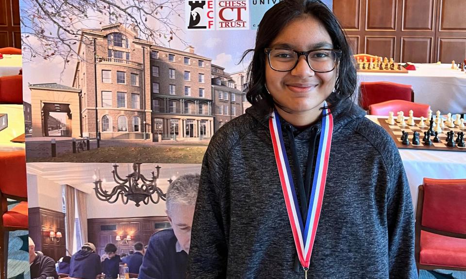 <span>Ruqayyah Rida with her medal from the 2024 Cambridge International Open chess tournament.</span><span>Photograph: MRI</span>