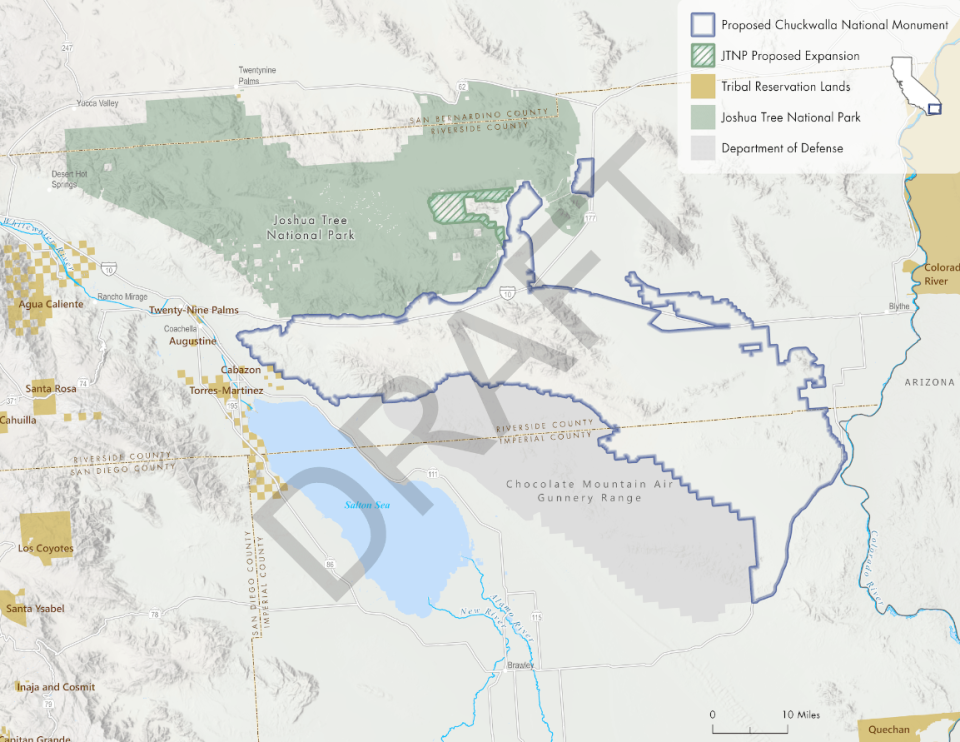 A map of the proposed Chuckwalla National Monument and Joshua Tree National Park expansion.