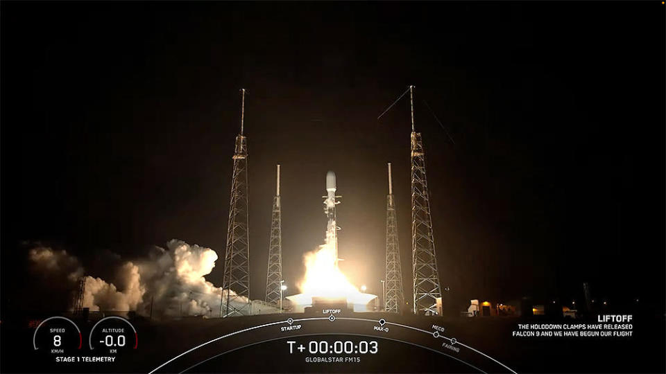 Carrying a Globalstar communications satellite, a Falcon 9 blasted off from the Cape Canaveral Space Force Station early Sunday, chalking up SpaceX's third successful launch in 36 hours. / Credit: SpaceX