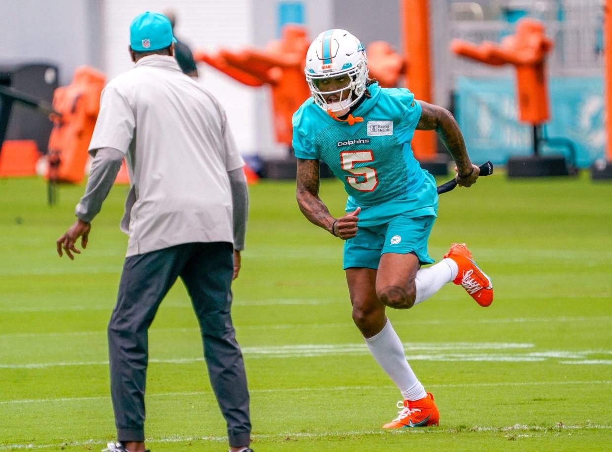 Miami Dolphins cornerback Jalen Ramsey (5) participates in training camp at Baptist Health Training Complex, Wednesday, July 26, 2023 in Miami Gardens.