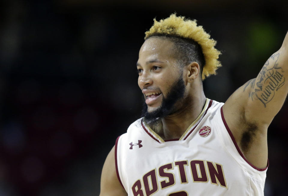 Boston College's Ky Bowman reacts as his team leads Florida State in the second half of an NCAA college basketball game, Sunday, Jan. 20, 2019, in Boston. (AP Photo/Steven Senne)