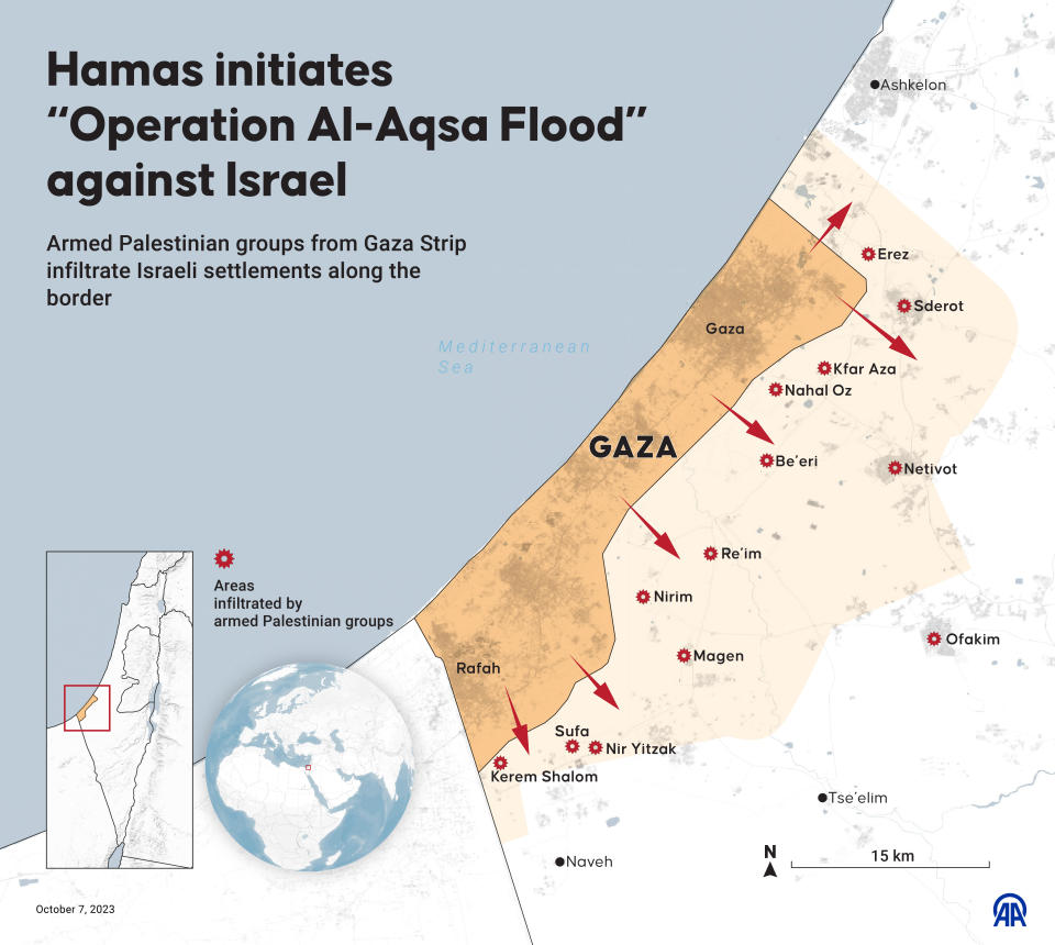 This map shows some of the locations of Hamas' attacks in Israel. / Credit: Yasin Demirci/Anadolu Agency via Getty Images