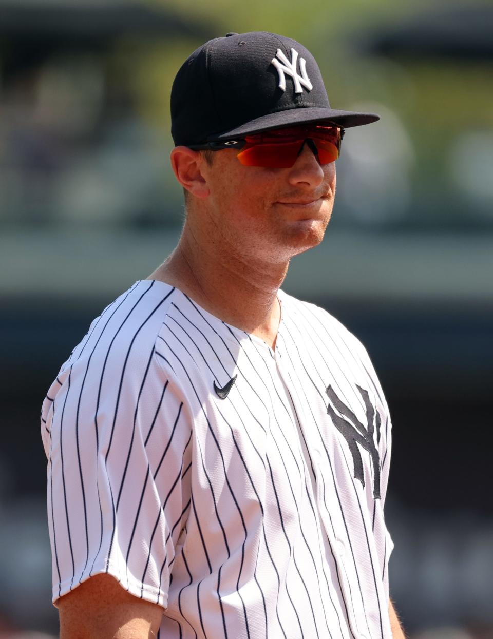 New York Yankees third baseman DJ LeMahieu (26) looks on against the Atlanta Braves during the first inning at George M. Steinbrenner Field, March 10, 2024 in Tampa, Florida.