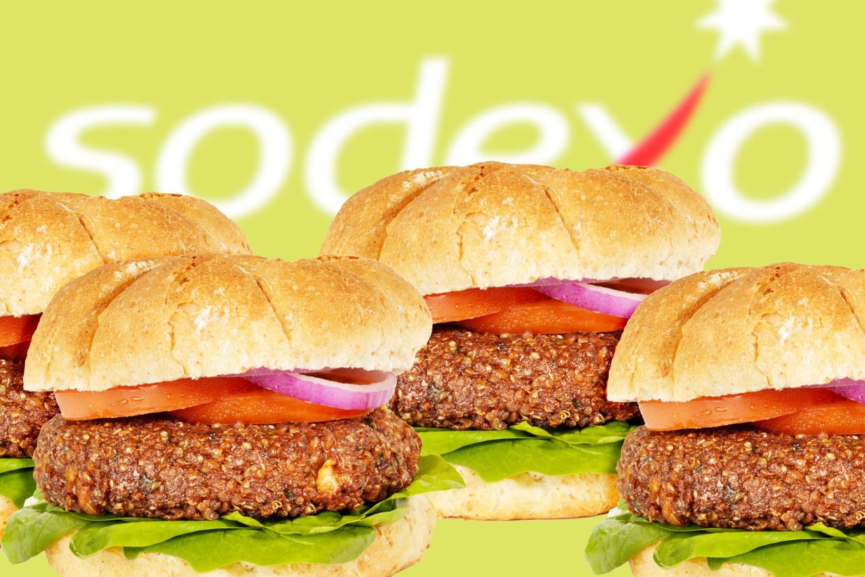 4 veggie burgers in front of the Sodexo logo