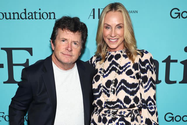 <p>Jamie McCarthy/Getty Images for Good+Foundation)</p> Michael J. Fox and Tracy Pollan attend the 2023 Good+Foundation A Very Good+ Night of Comedy Benefit