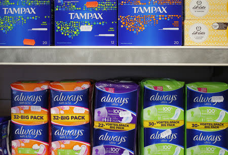 Feminine hygiene products are seen in a pharmacy in London, Britain March 18, 2016. REUTERS/Stefan Wermuth