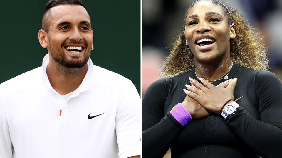 Nick Kyrgios and Serena Williams, pictured here on the tennis court.