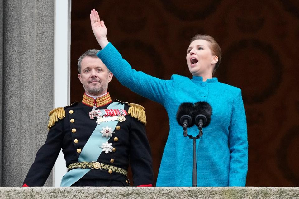 Danish PM Mette Frederiksen proclaims King Frederik X as the new king from the balcony of Christiansborg Palace in Copenhagen (AP)