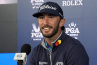 Max Homa speaks during a news conference at the PGA Championship golf tournament at the Valhalla Golf Club, Tuesday, May 14, 2024, in Louisville, Ky. (AP Photo/Sue Ogrocki)