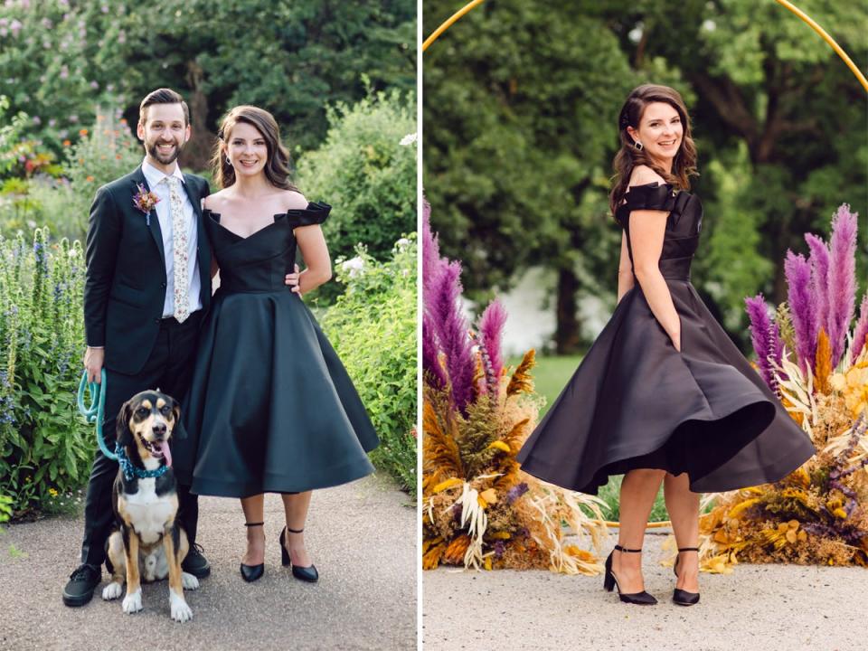 A side-by-side of a bride wearing a black, tea length dress with a groom in a black suit and a dog, and the same bride spinning in her dress.