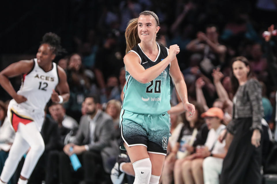 New York Liberty guard Sabrina Ionescu celebrates after hitting a 3-pointer against the Las Vegas Aces at Barclays Center in New York on Aug. 6, 2023. (Wendell Cruz/USA TODAY Sports)