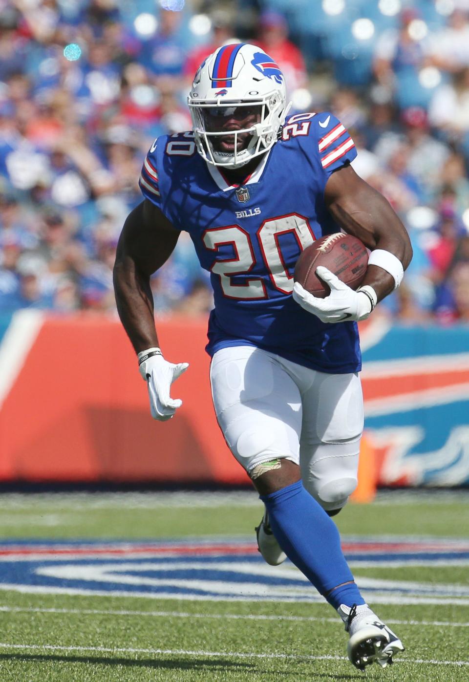 Buffalo Bills running back  Zach Moss races the ball upfield on a carry during the Bills 27-24 win over Indianapolis in their first preseason game Saturday, Aug. 13, 2022 at Highmark Stadium in Orchard Park.