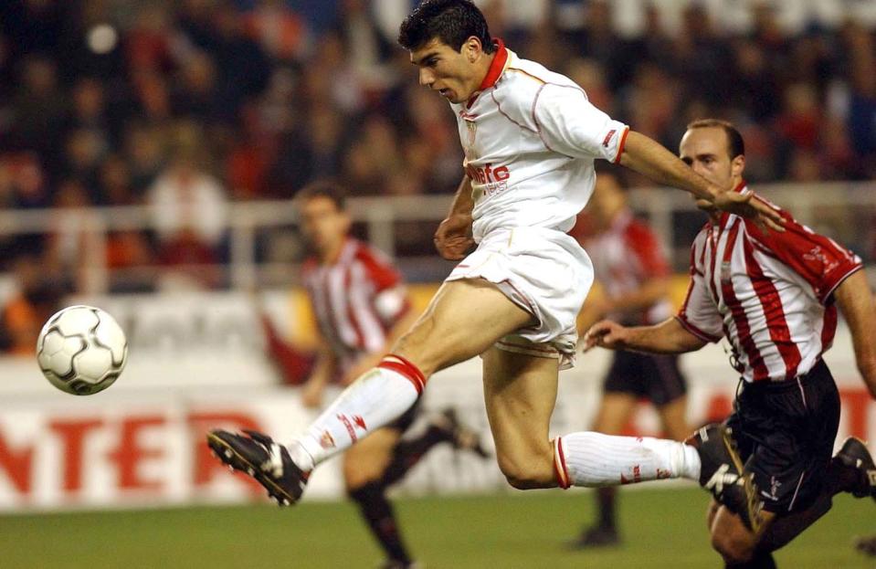 Reyes burst onto the scene for Sevilla in 2001. Here, he is pictured during the Spanish Primera Liga match played between Sevilla and Athletic Bilbao at the Ramon Sanchez Pizjuan Stadium (Firo Photo/ALLSPORT)