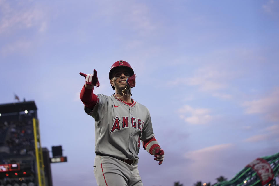 Los Angeles Angels' Zach Neto celebrates after hitting a two-run home run against the San Francisco Giants during the fourth inning of a baseball game Friday, June 14, 2024, in San Francisco. (AP Photo/Godofredo A. Vásquez)