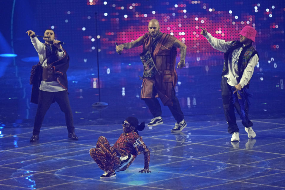 Kalush Orchestra from Ukraine singing Stefania performs during the Grand Final of the Eurovision Song Contest at Palaolimpico arena, in Turin, Italy, Saturday, May 14, 2022. (AP Photo/Luca Bruno)