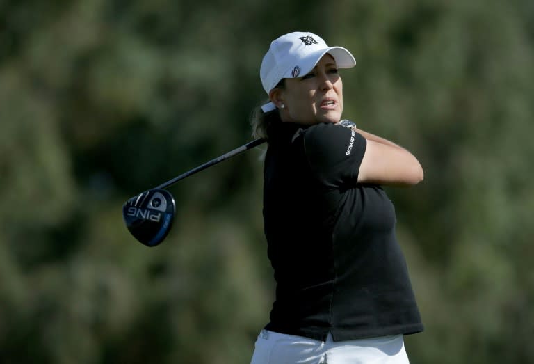 Cristie Kerr plays her tee shot on the second hole during the completion of the first round of the ANA Inspiration at the Dinah Shore Tournament Course at Mission Hills Country Club on March 30, 2017 in Rancho Mirage, California