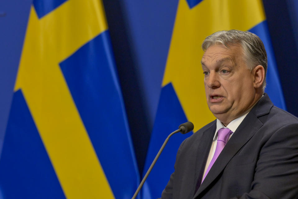 Hungarian Prime Minister Viktor Orban speaks during a press conference with his Sweden's counterpart Ulf Kristersson at the Carmelite Monastery in Budapest, Hungary, Friday, Feb 23, 2024. Nearly two years after Sweden formally applied to join NATO, its membership now hinges on convincing one country - Viktor Orban's Hungary - to formally ratify its bid to join the military alliance. (AP Photo/Denes Erdos)