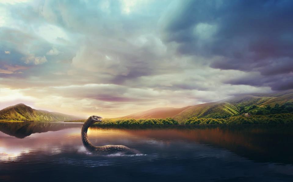 An artist’s concept of the Loch Ness monster at sunset. <a href="https://www.gettyimages.com/detail/photo/loch-ness-monster-in-the-lake-at-sunset-royalty-free-image/817420168?phrase=loch%20ness%20monster%20illustration&adppopup=true" rel="nofollow noopener" target="_blank" data-ylk="slk:Khadi Ganiev/iStock via Getty Images Plus;elm:context_link;itc:0;sec:content-canvas" class="link ">Khadi Ganiev/iStock via Getty Images Plus</a>