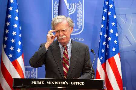 U.S. National Security Adviser John Bolton attends a meeting with Israeli Prime Minister Benjamin Netanyahu (not seen) at the Prime Minister's office in Jerusalem August 20, 2018. Sebastian Scheiner/Pool via Reuters *** Local Caption ***