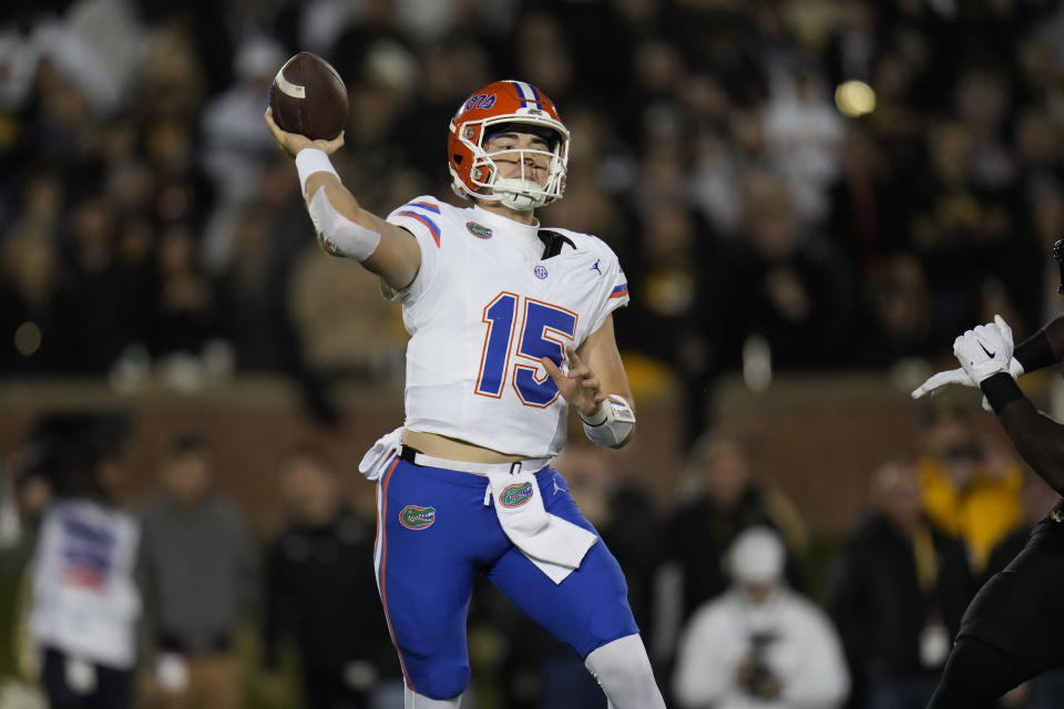 Florida quarterback Graham Mertz throws during the first half of an NCAA college football game against Missouri Saturday, Nov. 18, 2023, in Columbia, Mo. (AP Photo/Jeff Roberson)