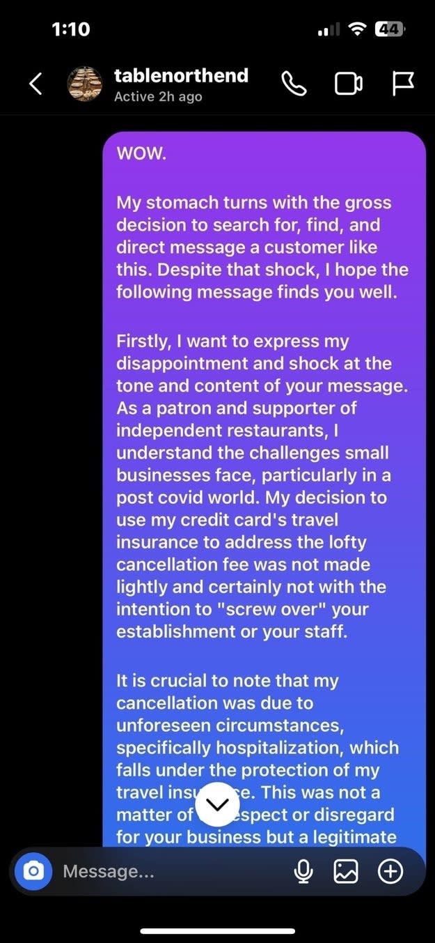 screenshot of trevor's message to jen stating that the decision to use his insurance was not made lightly and done due to being hospitalized