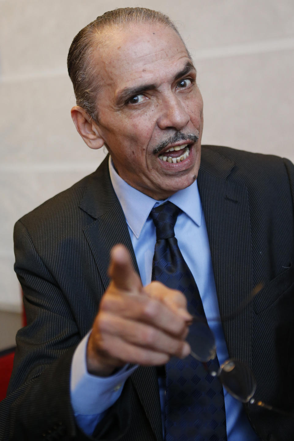 Moroccan actor Mehdi Ouazzani poses during an interview with the Associated Press in Casablanca, Morocco Monday, April, 1, 2013. Ouazzani isn’t the devil, but he has played one on TV, only he didn’t realize that some thought he looked like US President Barack Obama while he was at it. Ouazzani was bemused to wake up one morning and find that his role in The History Channel’s popular five-part mini-series “The Bible” had become the latest way for conservative commentators in the United States to needle the president. (AP Photo/Abdeljalil Bounhar)