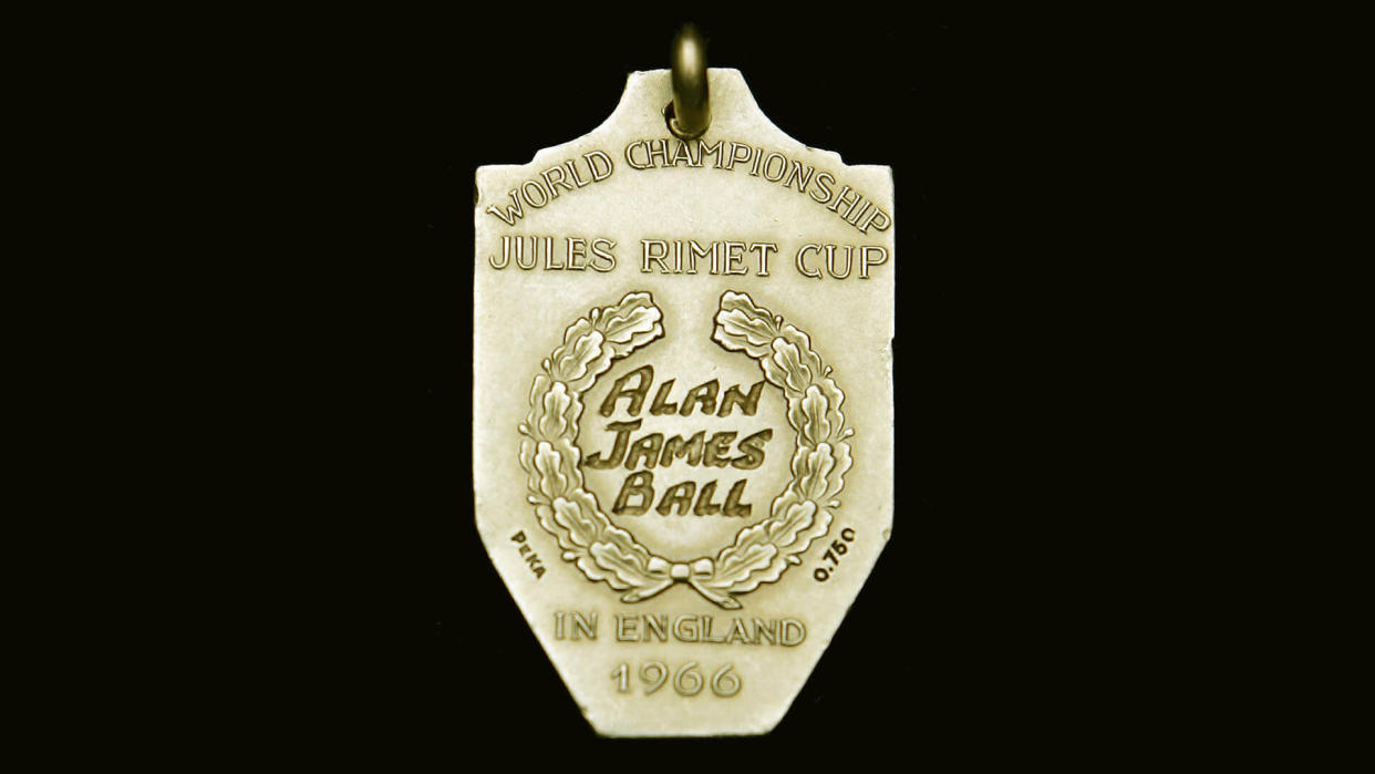 LONDON - MAY 19:  The Gold medal handed to Alan James Ball, a member of the winning English World Cup 1966 team, sits on display on May 19, in London.