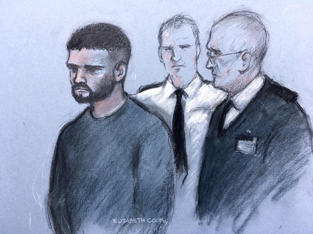 A court artist's impression sketch of Jed Foster appearing at Reading Magistrates Court charged with the murder of PC Andrew Harper (PA)