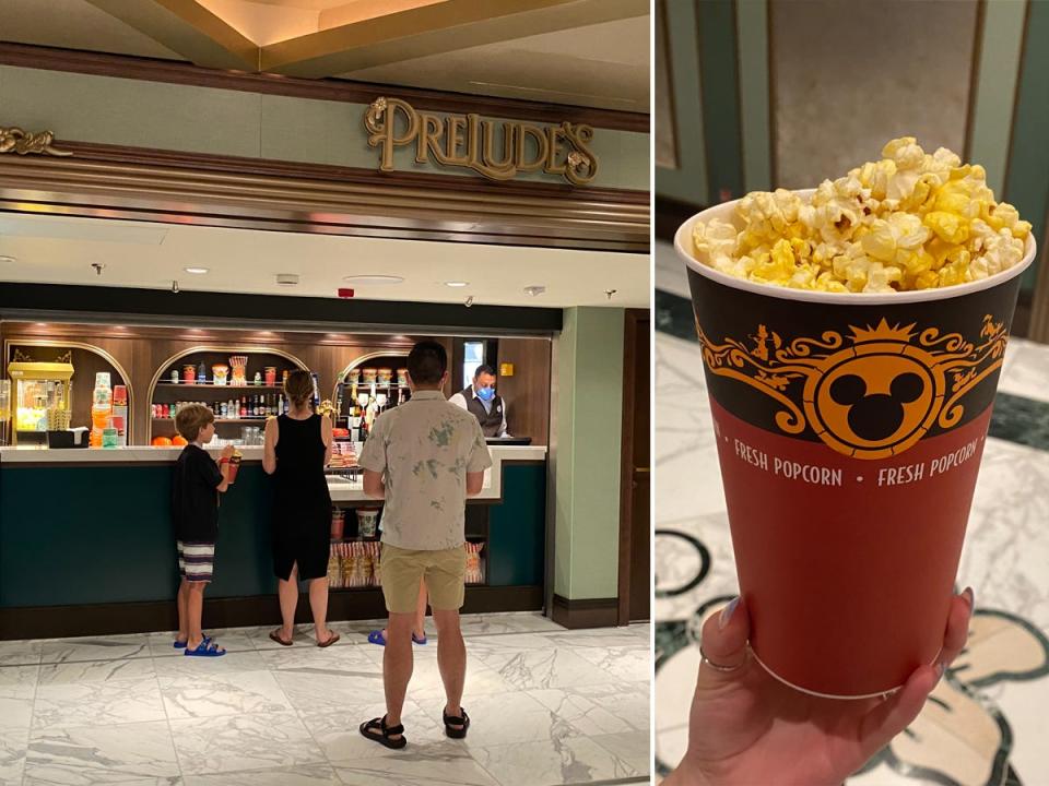 A popcorn stand on the Disney Wish cruise ship.