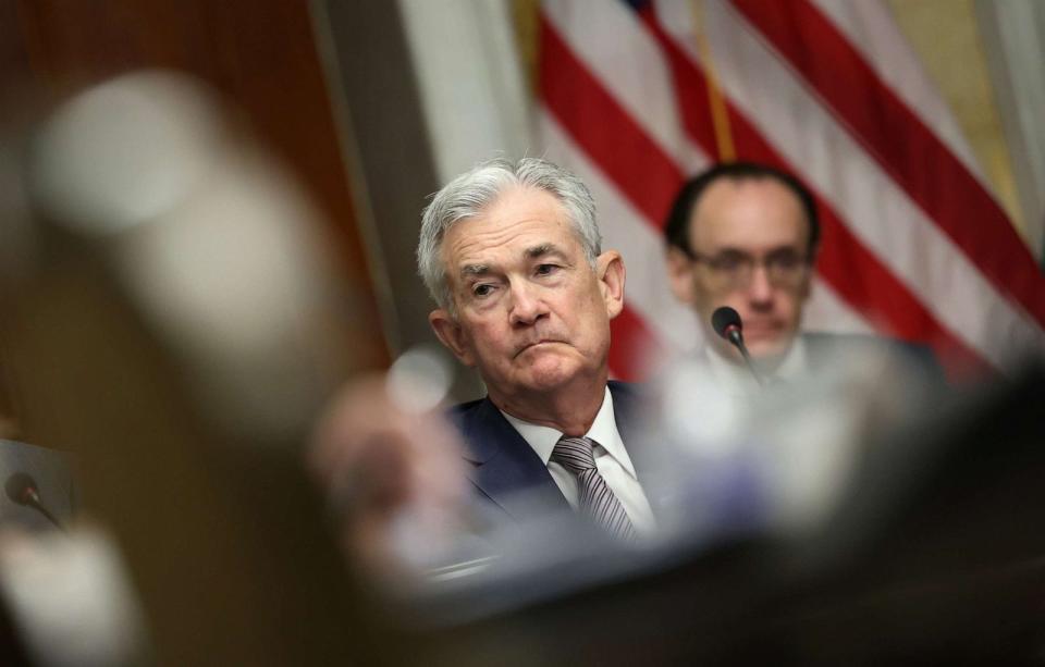 PHOTO: Federal Reserve Chairman Jerome Powell participates in a meeting of the Financial Stability Oversight Council at the U.S. Treasury, July 28, 2023, in Washington. (Kevin Dietsch/Getty Images)