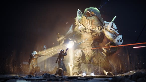 Soldiers fighting a large monster, scene from Destiny 2