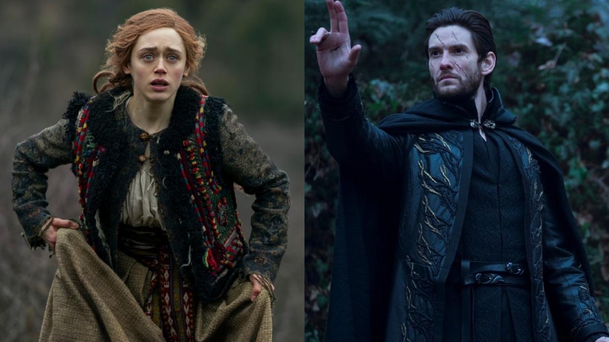  Side by side, from left to right of Daisy Head as Genya running and Ben Barnes as General Kirigan holding up his hand 