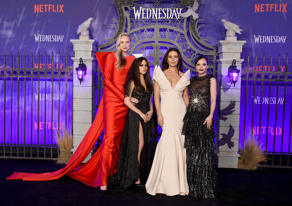 LOS ANGELES, CALIFORNIA - NOVEMBER 16: (L-R) Gwendoline Christie, Jenna Ortega, Catherine Zeta-Jones and Christina Ricci attend the World Premiere Of Netflix's 