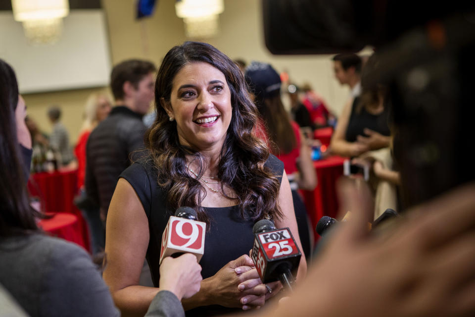 U.S. House candidate Stephanie Bice talks to the media at the Edmond Conference Center in Edmond, Okla., Tuesday, Nov. 3, 2020. U.S. Rep. Kendra Horn, an Oklahoma City lawyer, faced Republican state Sen. Bice for the Oklahoma City-area House seat. (AP Photo/Garett Fisbeck)