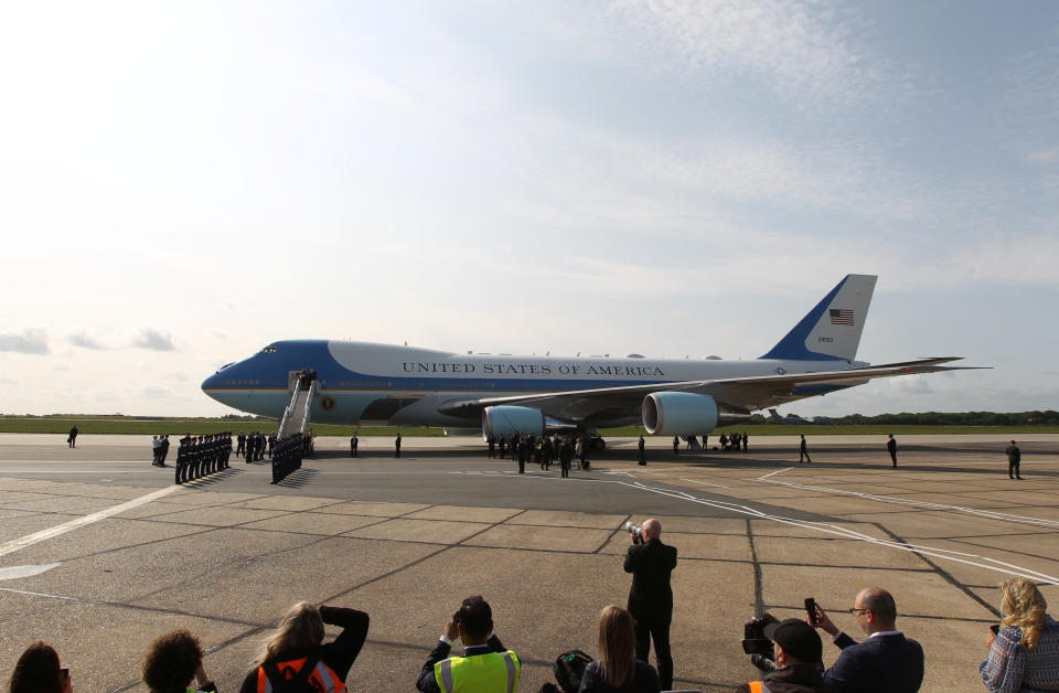 U.S. President Donald Trump and First Lady Melania Trump arrive aboard Air Force One for their state visit to Britain, at Stansted Airport near London, Britain, June 3, 2019. REUTERS/Hannah McKay