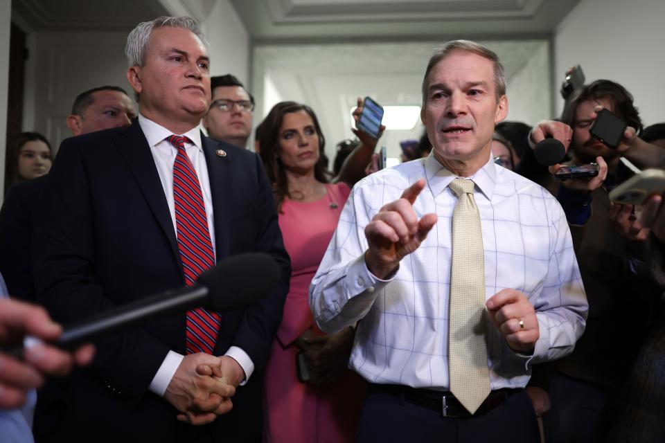 House Oversight and Accountability Committee Chairman James Comer, R-Ky., (L) and House Judiciary Committee Chairman Jim Jordan, R-Ohio, talk to reporters in the Rayburn House Office Building on December 13, 2023 in Washington, DC.