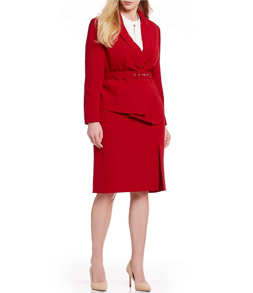 Tahari ASL Asymmetrical Belted Skirt Suit. (Photo: Dillard’s)