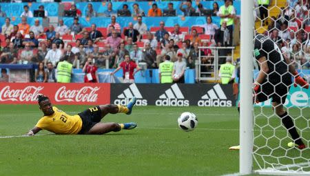 Soccer Football - World Cup - Group G - Belgium vs Tunisia - Spartak Stadium, Moscow, Russia - June 23, 2018 Belgium's Michy Batshuayi scores their fifth goal REUTERS/Albert Gea