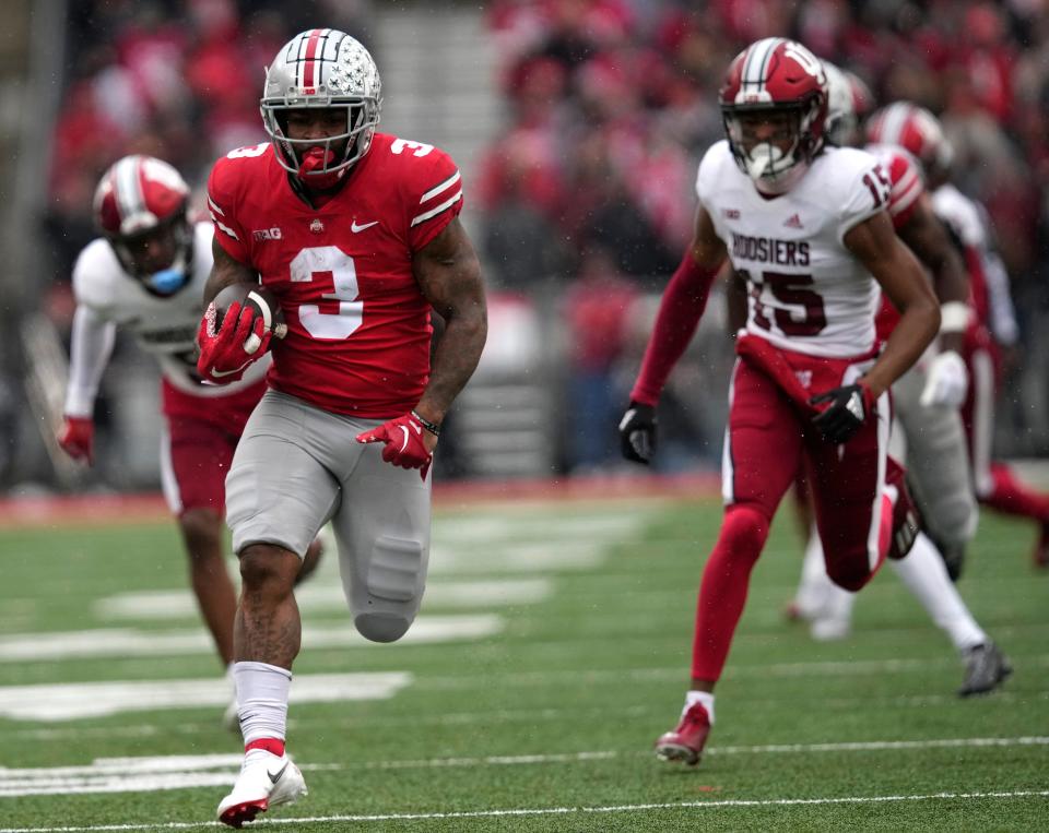 Nov 12, 2022; Columbus, Ohio, USA; Ohio State Buckeyes running back Miyan Williams (3) runs in a touchdown in the first quarter of their NCAA Division I football game between the Ohio State Buckeyes and the Indiana Hoosiers at Ohio Stadium. Mandatory Credit: Brooke LaValley-The Columbus Dispatch