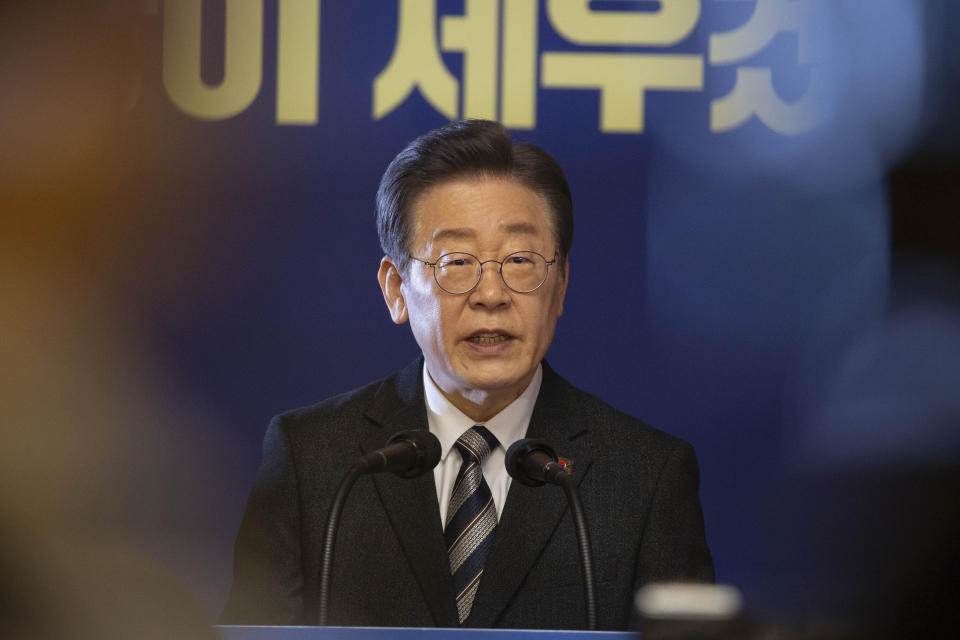 Lee Jae-myung, leader of South Korea's main opposition Democratic Party, speaks during 2024 New Year's press conference at National Assembly in Seoul Wednesday, Jan. 31, 2024. (Jeon Heon-Kyun/Pool Photo via AP)