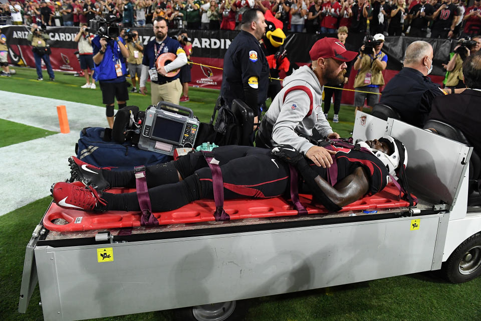GLENDALE, ARIZONA - OCTOBER 28: Jonathan Ward #29 of the Arizona Cardinals is carted off the field following an injury during the second half of a game against the Green Bay Packers at State Farm Stadium on October 28, 2021 in Glendale, Arizona. (Photo by Norm Hall/Getty Images)