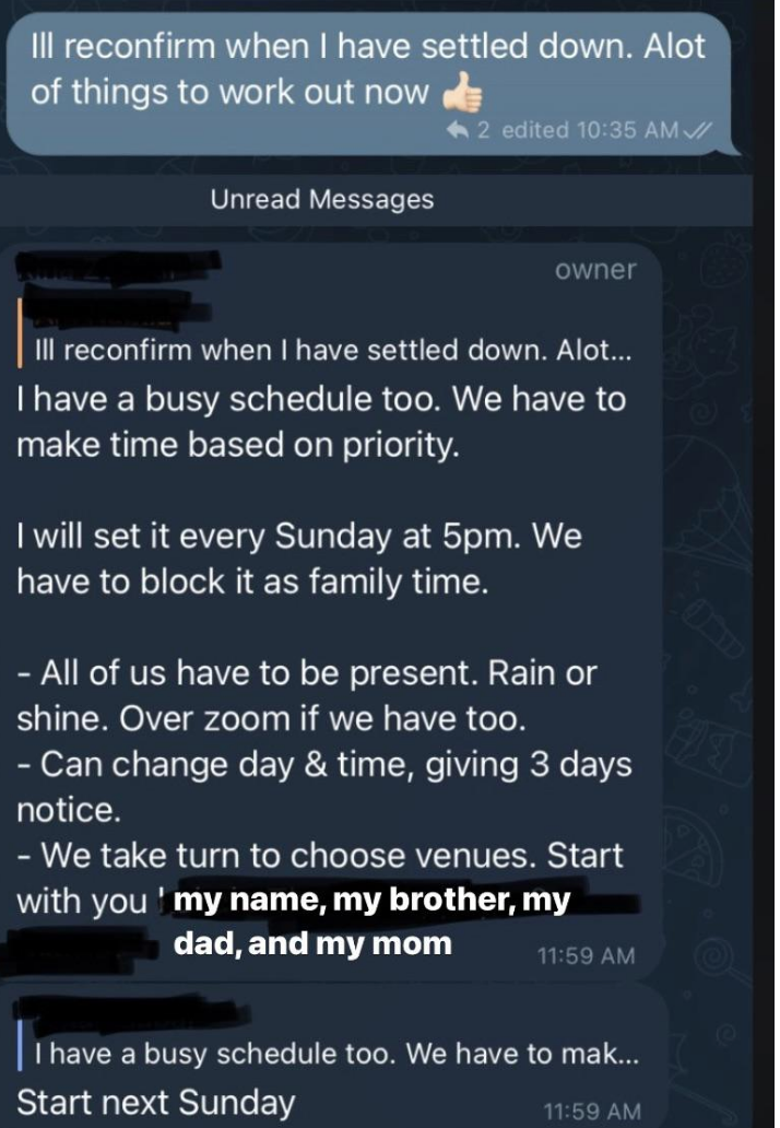 Parent says they're setting a weekly "family time" of Sunday at 5 pm, by Zoom if necessary, and Mom, Dad, and two children all have to be present and can take turns choosing the venue; can change day and time only if they give 3 days' notice