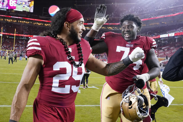 San Francisco 49ers safety Talanoa Hufanga (29) runs onto the field during  an NFL football game against the Arizona Cardinals, Sunday, Jan.8, 2023, in  Santa Clara, Calif. (AP Photo/Scot Tucker Stock Photo 