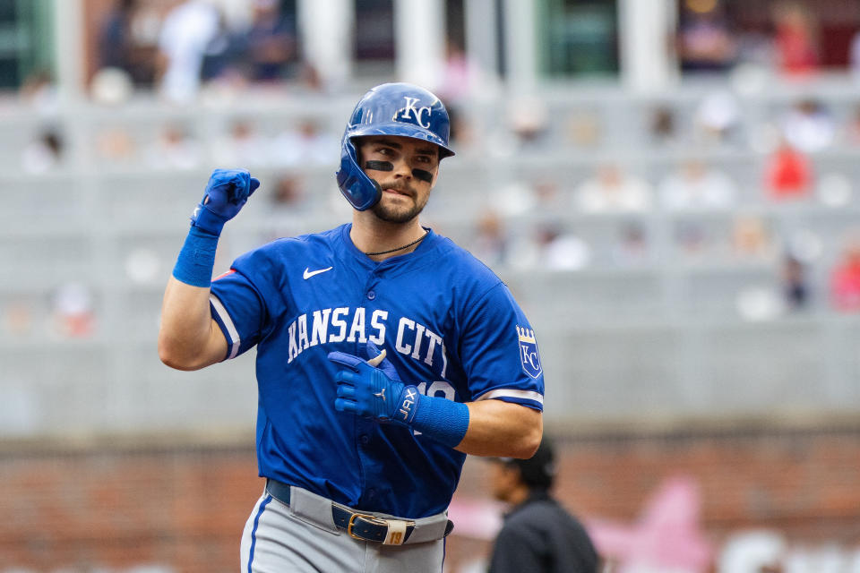 Sep 29, 2024; Cumberland, Georgia, USA; Kansas City Royals second baseman Michael Massey (19) runs the bases after hitting a home run against Atlanta Braves during the first inning at Truist Park. Mandatory Credit: Jordan Godfree-Imagn Images